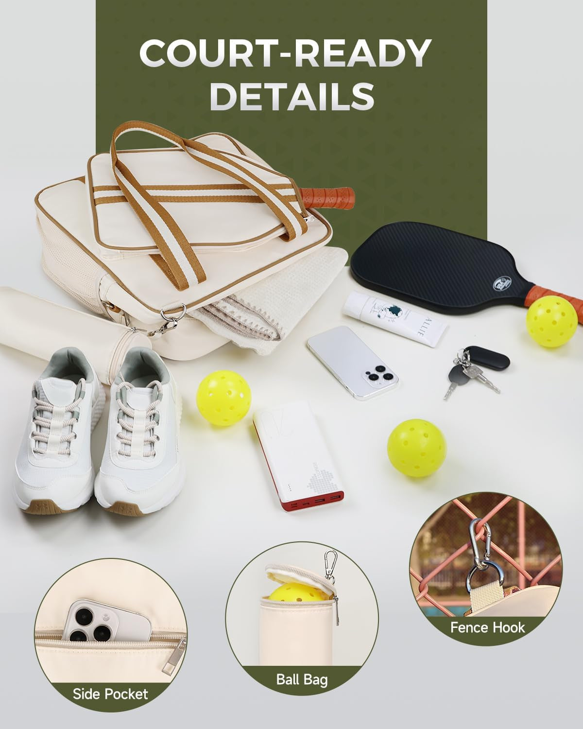 Pickleball Tote Bag for Women Men with Paddle Cover Pocket External Ball Bag 
