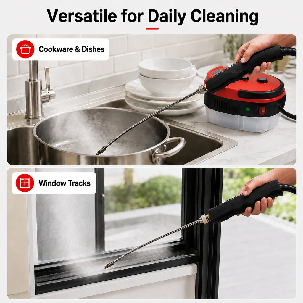 001 Small and Portable High-Pressure Red White Steam Cleaner with Brush Heads Handheld Sanitizing 6-Speed Settings Extended Hose Large Capacity Removes Grease Dust Mites for Air Conditioners Range Hoods Floors Bathrooms Cookware Tableware