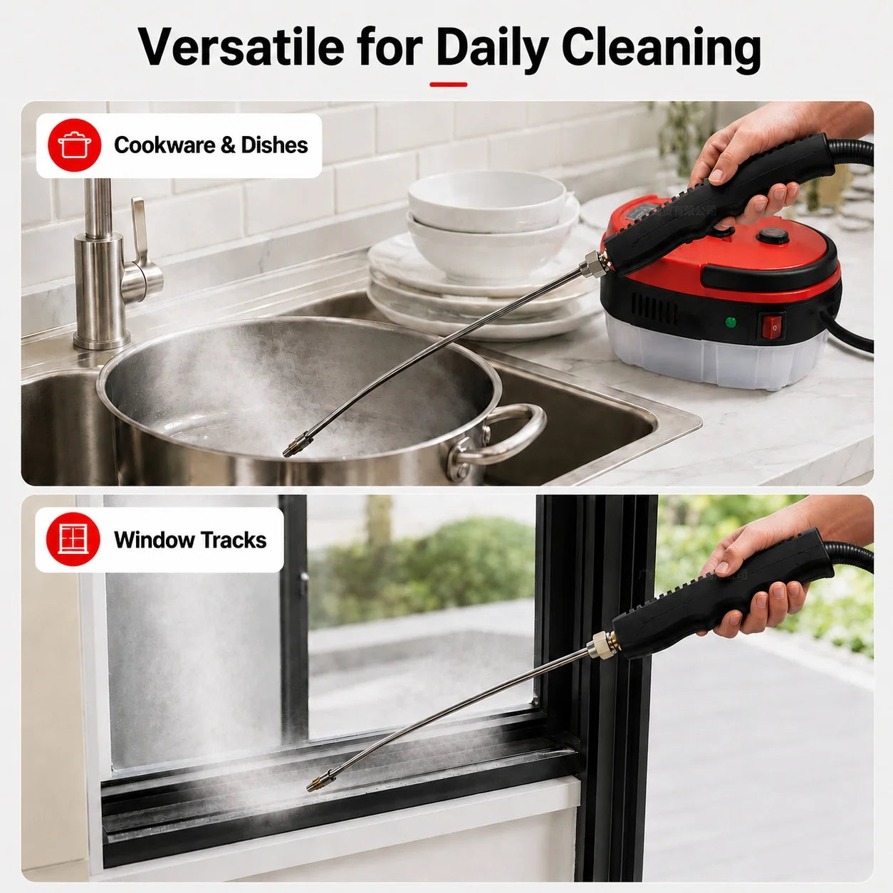 001 Small and Portable High-Pressure Red White Steam Cleaner with Brush Heads Handheld Sanitizing 6-Speed Settings Extended Hose Large Capacity Removes Grease Dust Mites for Air Conditioners Range Hoods Floors Bathrooms Cookware Tableware