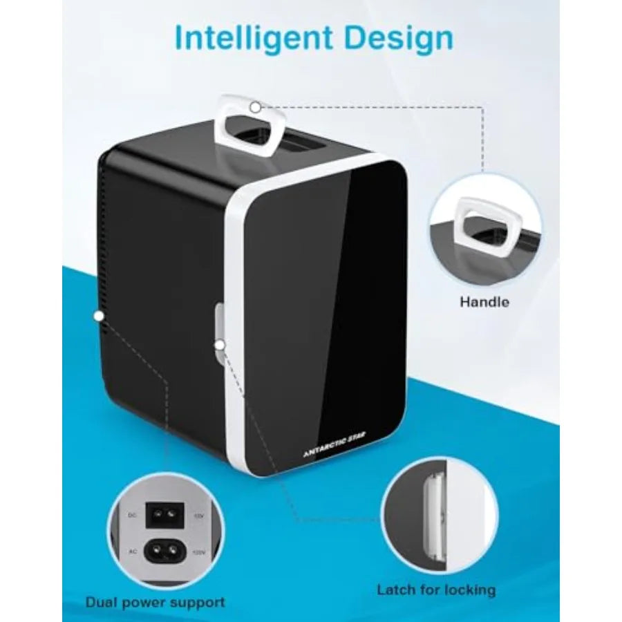 Portable 10L Mini Fridge for Bedroom, Office, Dorm: Black ABS Plastic Cosmetic Cooler with AC/DC Adapters, Ideal for Beverages,