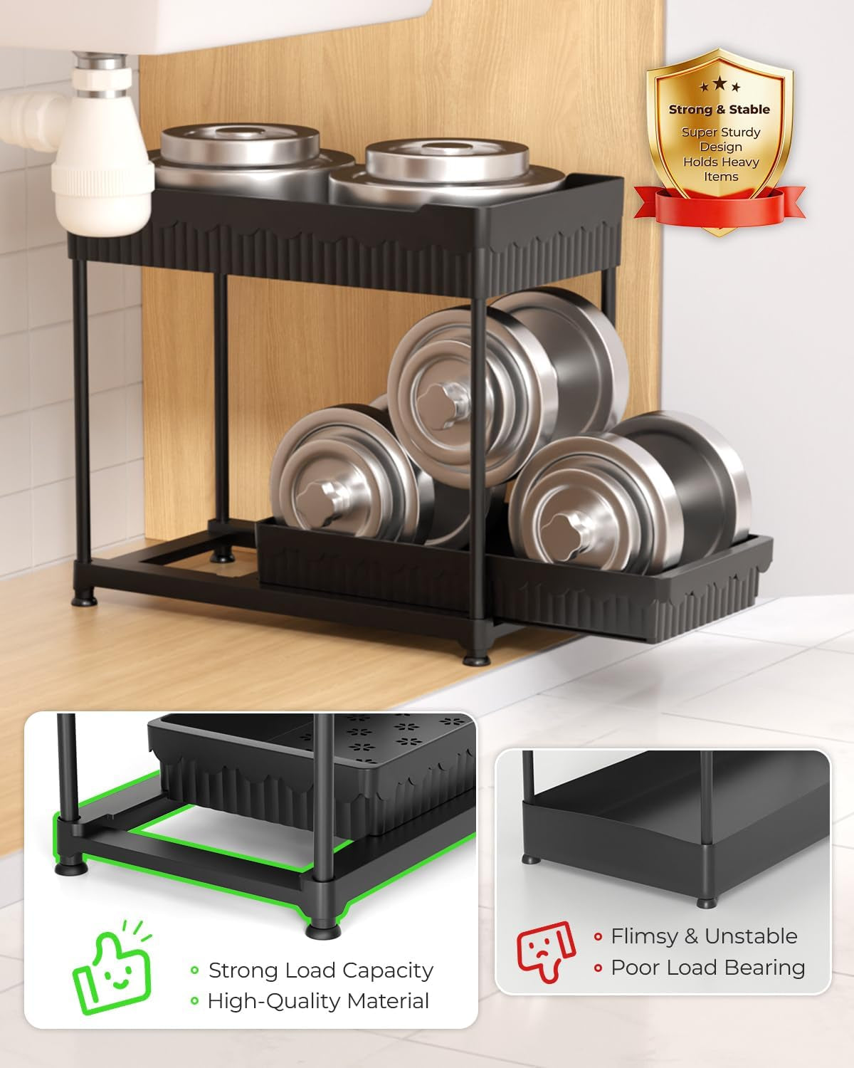 3-Pack 2-Tier under Sink Organizers with Sliding Drawers 
