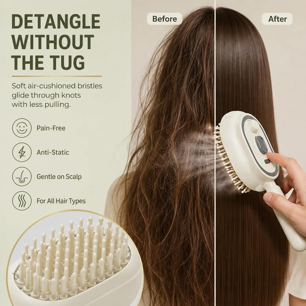 Electric Spray Air Cushion Massage Comb, 2027 New 3-In-1 Mist Spray Steam Brush for Hair, Anti-Static, Self-Cleaning, for Frizzy Hair & Scalp Care (Purple)
