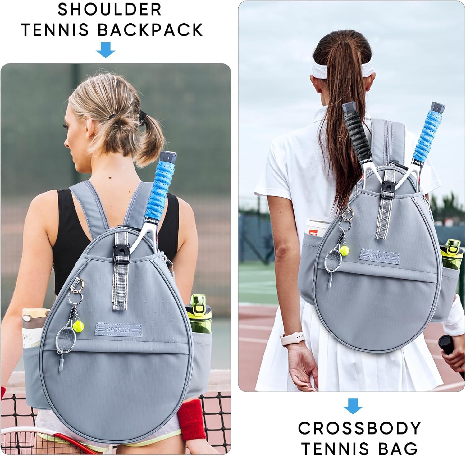 Tennis Backpack with 2 Rackets Holder, Water-Resistant PU Leather Tennis Racket Bag for Women & Men, Sling Crossbody Sports Backpack for Tennis, Pickleball & Badminton, Tennis Gifts