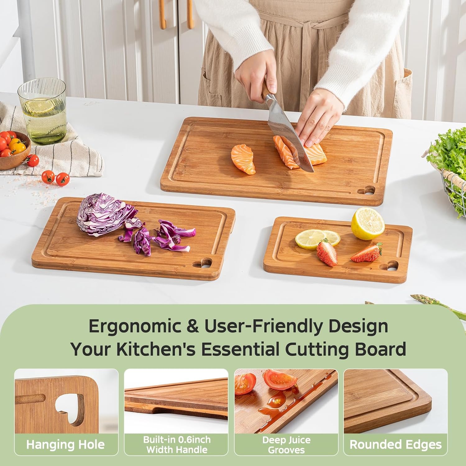Premium Bamboo Wood Cutting Board with Wood Storage Stand
