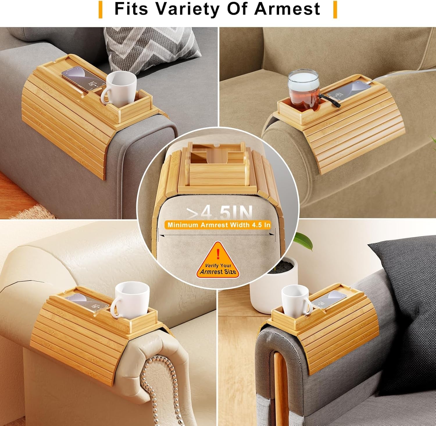 Bamboo Sofa Armrest Tray - Couch Arm Tray with Detachable Couch Cup Holder - 2 in 1 