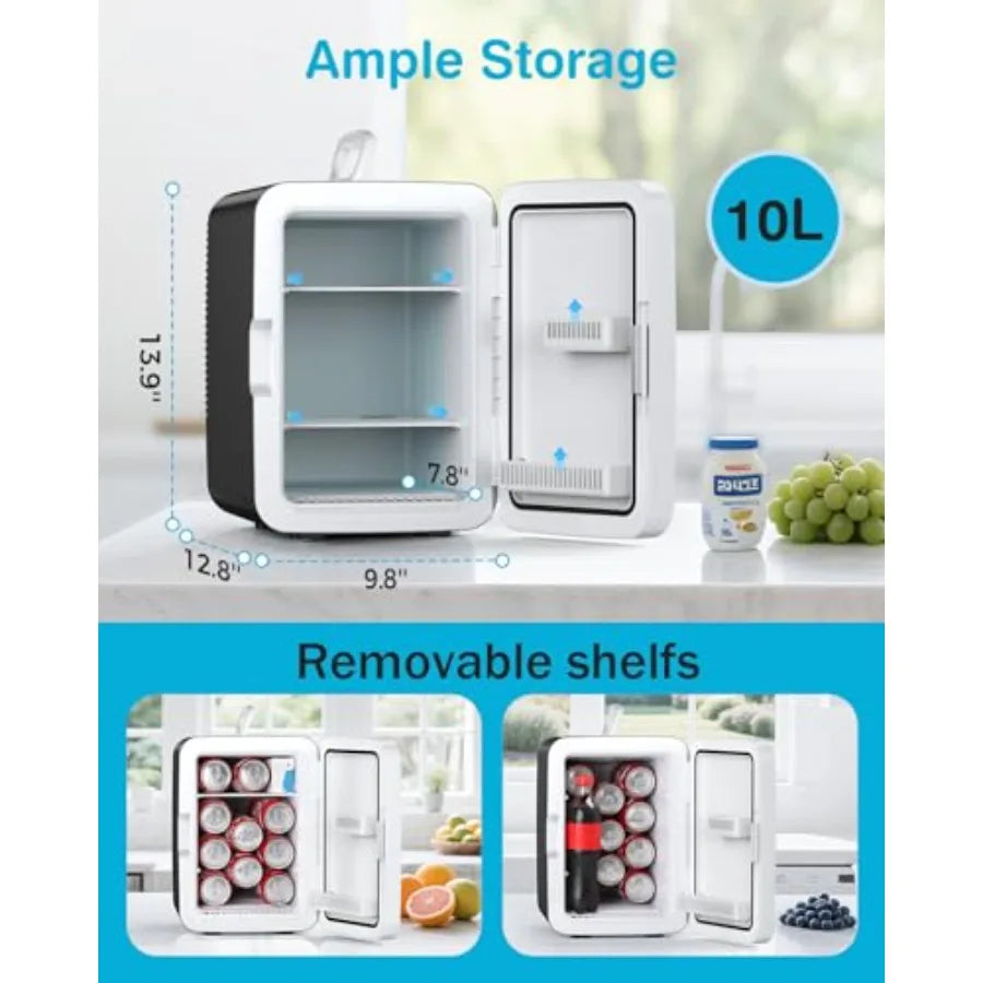 Portable 10L Mini Fridge for Bedroom, Office, Dorm: Black ABS Plastic Cosmetic Cooler with AC/DC Adapters, Ideal for Beverages,