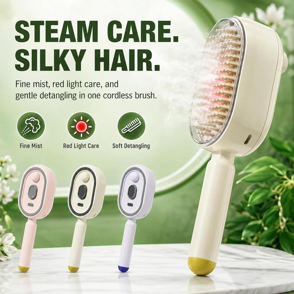 Electric Spray Air Cushion Massage Comb, 2027 New 3-In-1 Mist Spray Steam Brush for Hair, Anti-Static, Self-Cleaning, for Frizzy Hair & Scalp Care (Purple)