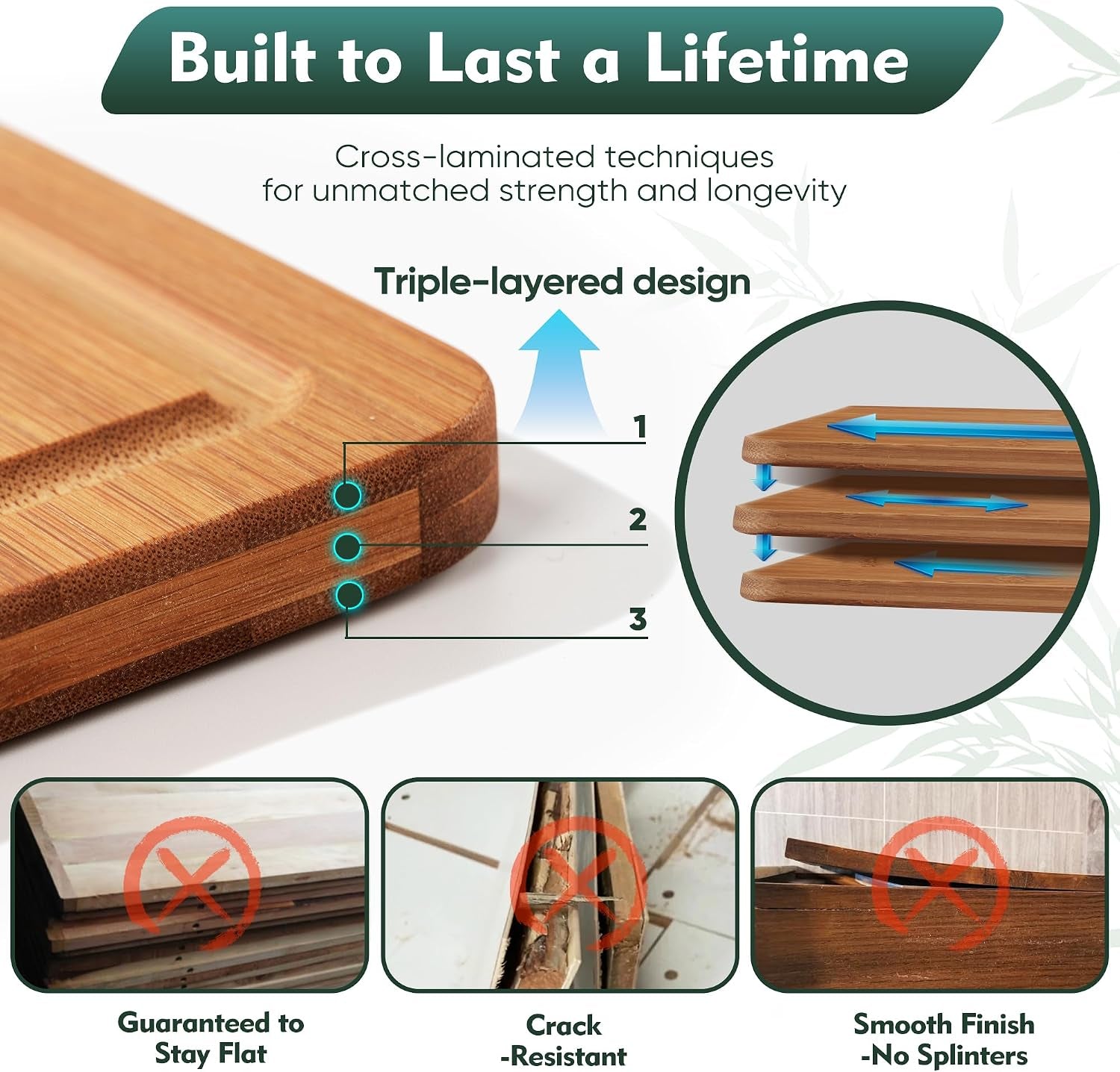 Bamboo Cutting Board, Non Slip Wood Cutting Boards for Kitchen 3 Packs Holder 