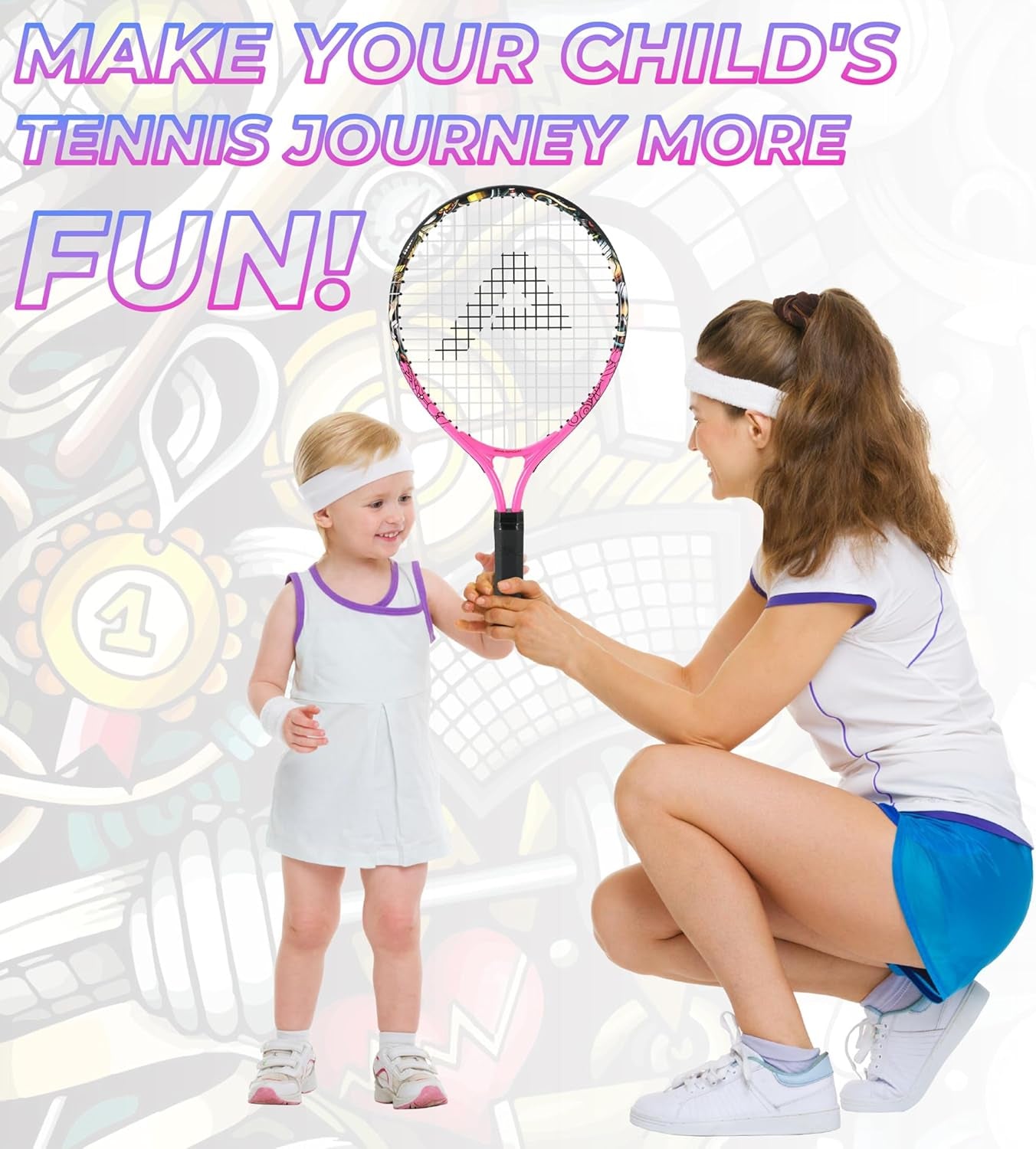 17" Graffiti Pink Kids Tennis Racket with 17" Green Kids Tennis Racket