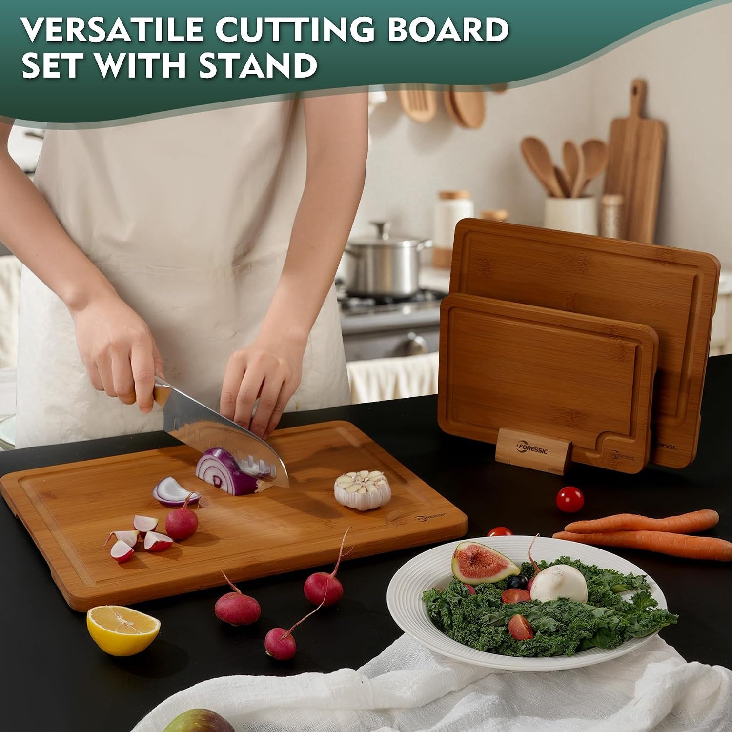 Bamboo Cutting Board, Non Slip Wood Cutting Boards for Kitchen 3 Packs Holder 