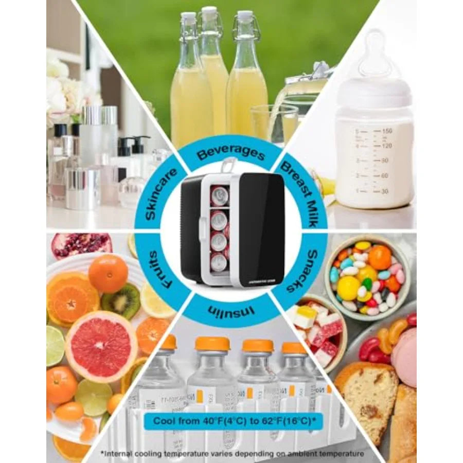 Portable 10L Mini Fridge for Bedroom, Office, Dorm: Black ABS Plastic Cosmetic Cooler with AC/DC Adapters, Ideal for Beverages,