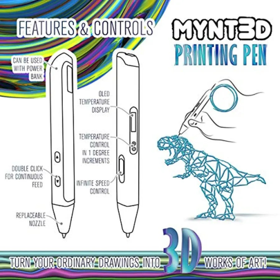 Professional Printing 3D Pen with OLED Display for DIY Modeling ABS/PLA Filament Compatible Black Body Precise Temperature Cont