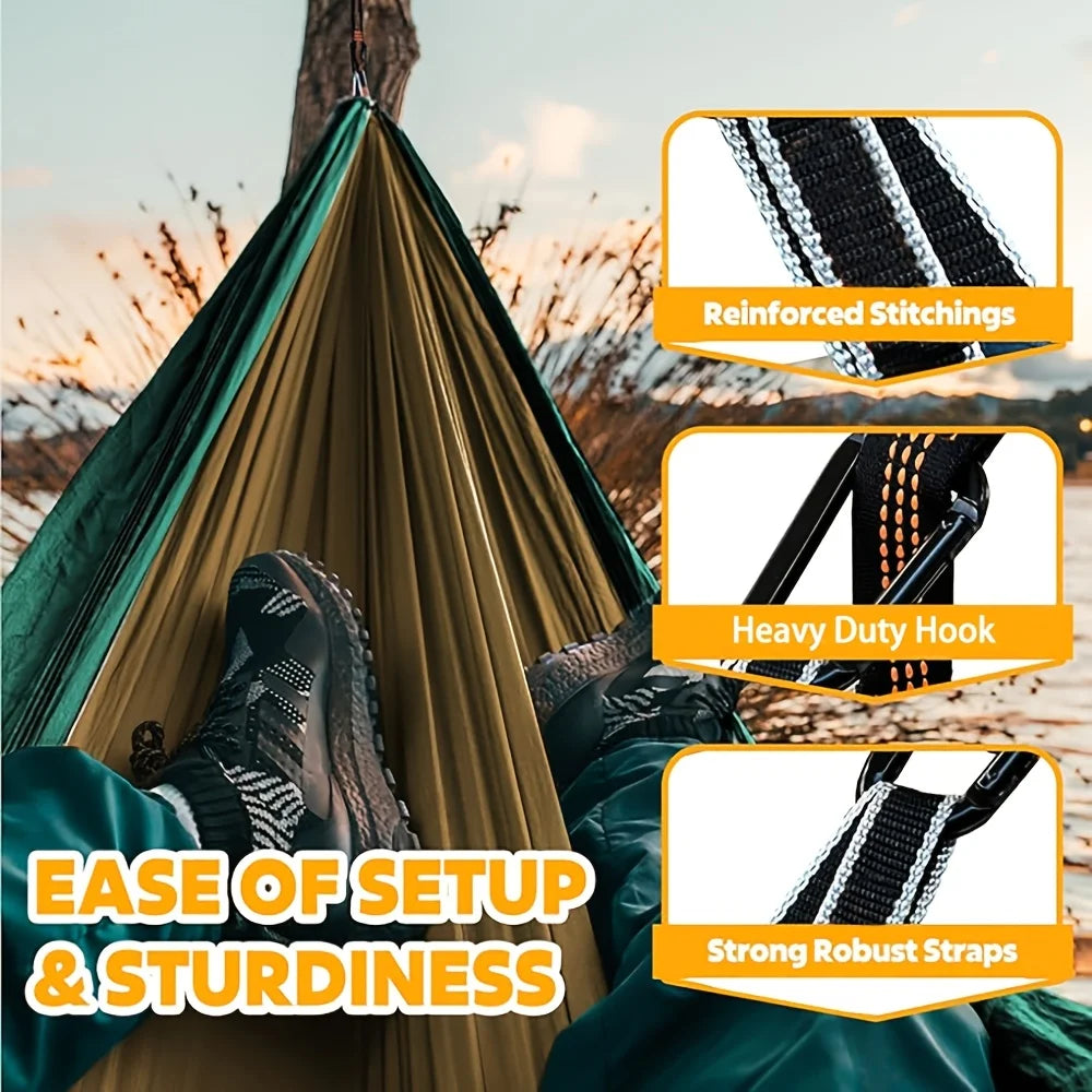 Portable Camping Hammock 2 Person Parachute Nylon Swing Bed with Tree Straps Carabiners Lightweight Anti-Rollover Hammock for Ou