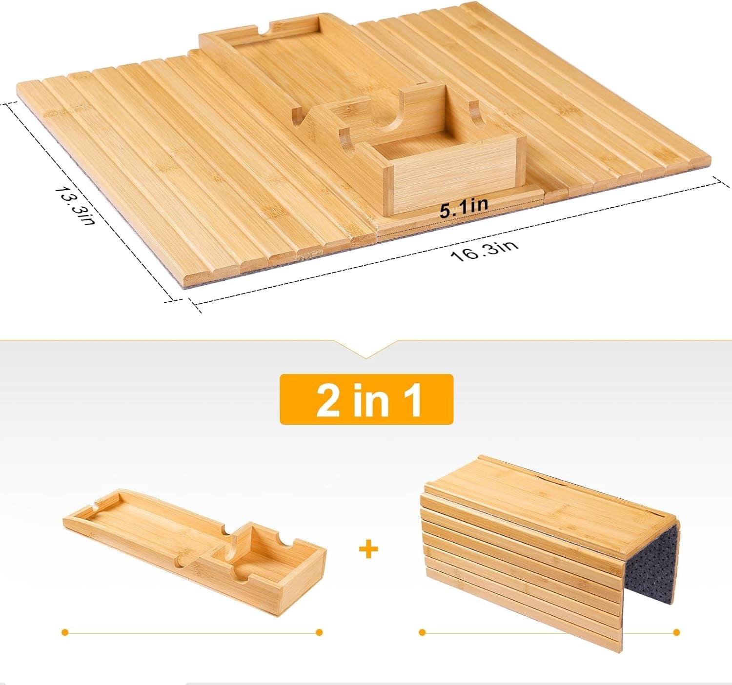 Bamboo Sofa Armrest Tray - Couch Arm Tray with Detachable Couch Cup Holder - 2 in 1 